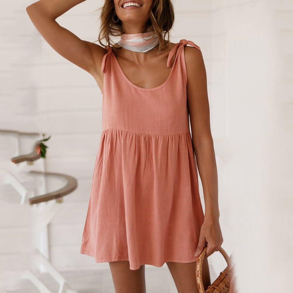 Fashion Summer Cotton And Linen Lace-up Strappy Short Mini Dress