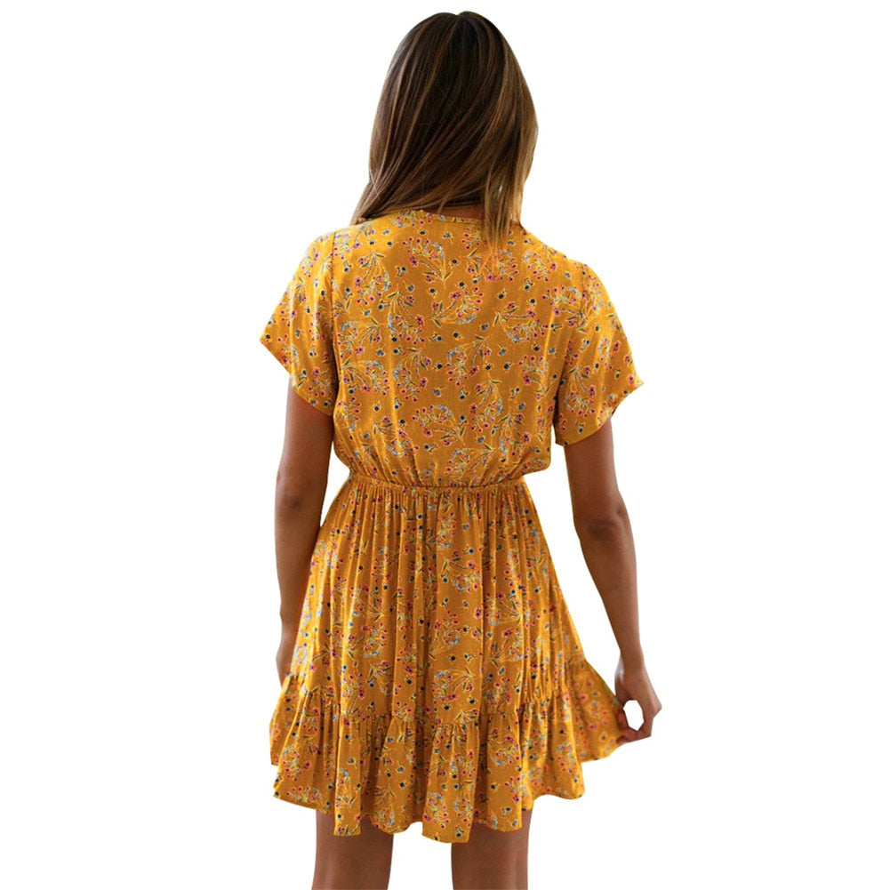 2019 Women Summer Boho Short Floral V Neck  Printed Dress