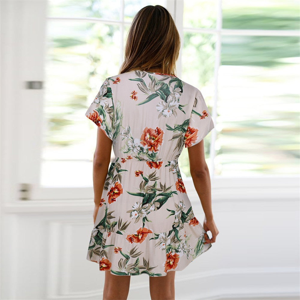 2019 Women Summer Boho Short Floral V Neck  Printed Dress